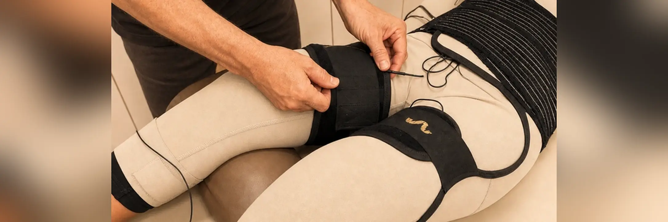 Colocação do equipamento de eletroestimulação na perna