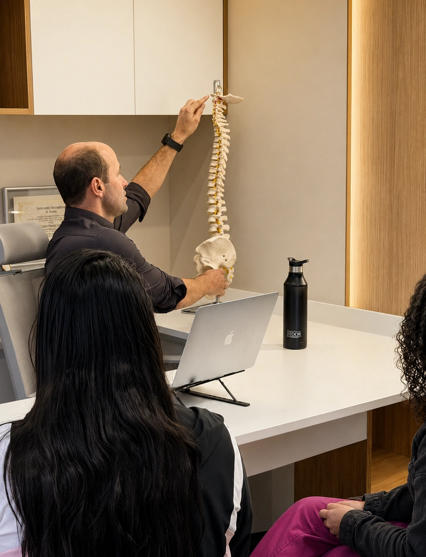 Médico explicando a origem da dor na coluna-modelo durante a Avaliação 360°